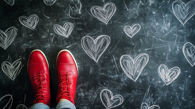 Red shoes on a chalkboard background filled with hand-drawn hearts, suggesting a theme of love or affection.