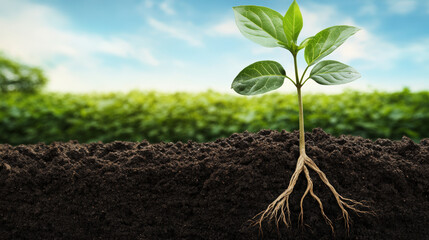 A young green plant with visible roots growing in fertile soil, representing growth and new beginnings against a backdrop of a lush field.