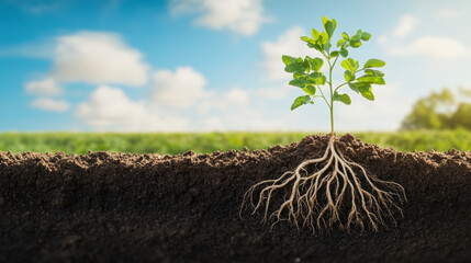 A young plant with visible roots grows in soil, symbolizing healthy growth and connection to the earth, under a bright blue sky with clouds.