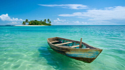 Obraz premium Wooden boat on turquoise sea, tropical island paradise with sandy beach, sunny vacation landscape, scenic ocean view for relaxing summer holiday, blue sky with clouds