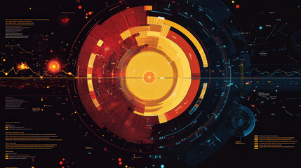 A vibrant, futuristic data visualization with circular, radial charts and intricate designs in red, orange, and yellow tones against a dark background.