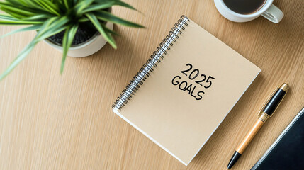 2025 goals written in notebook, new year business plan on office desk, top view of strategy list and targets to start, future success concept with space for resolutions