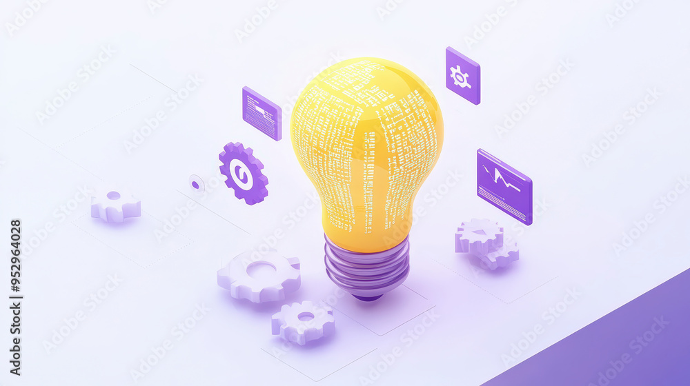 Poster a glowing yellow lightbulb surrounded by purple gears and computer icons symbolizes innovation, tech