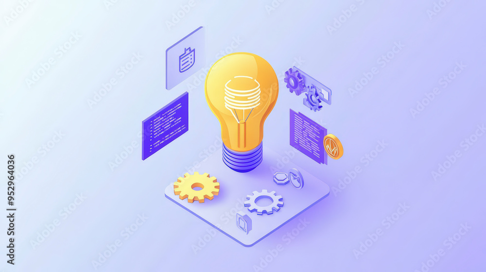 Poster a glowing light bulb symbolizes innovation amidst floating icons representing coding, settings, and 