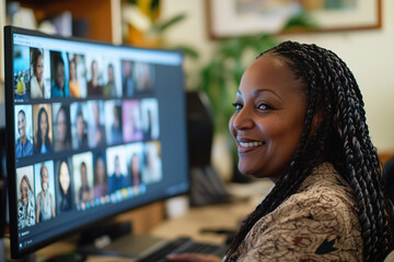 A Black African American middle aged woman with braided hair is smiling while looking at the computer and participating in a virtual meeting with multiple people displayed on her computer screen