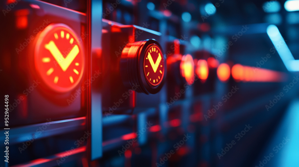 Aufkleber a row of circular, illuminated red buttons or indicators with check marks is aligned within a dimly 