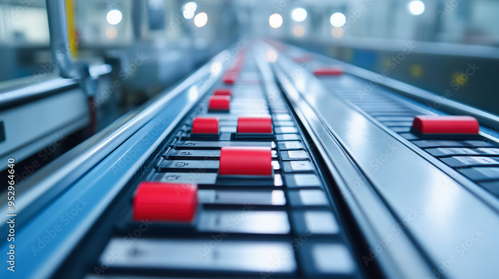Poster a close-up view of a modern assembly line in a factory, showcasing red and black components moving a