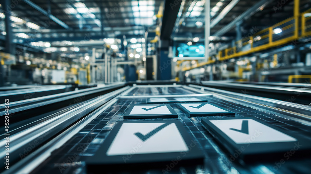 Poster a modern factory assembly line featuring checkmark signs on moving tracks, emphasizing quality contr