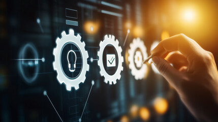 A hand interacts with virtual gears representing innovation, task completion, and digital processes, highlighting modern technology and automation in a futuristic interface.