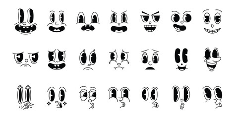 Retro cartoon mascot characters funny faces. 50s, 60s old animation eyes and mouths elements. Vector editable stroke