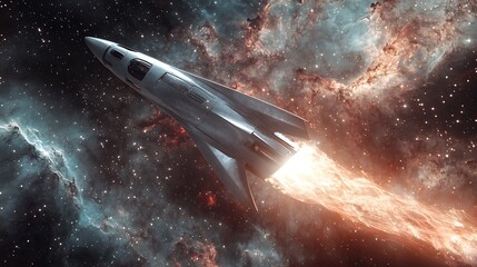Spaceship Blazing Through Cosmic Nebula