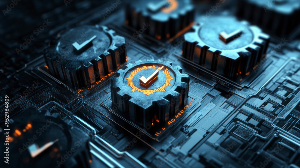 Poster mechanical gears with checkmarks amid a complex circuit board, symbolizing the intersection of techn