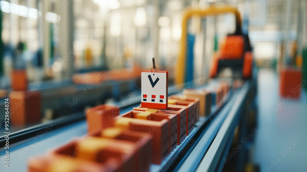 Poster a factory production line with red bricks being processed, with a symbol indicating an assembly or q