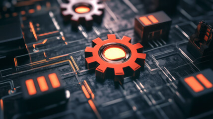 Close-up of gears and electronic components on a circuit board, symbolizing the integration of mechanical and digital technology in a high-tech system.