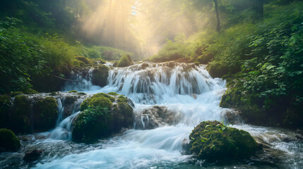 Majestic waterfall in lush forest, sunlight streaming through dense foliage, scenic mountain stream cascading over rocks, beautiful nature landscape with green trees and amazing flowing water in woods