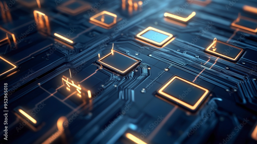 Poster a close-up of a futuristic circuit board with glowing gold lines and components showcasing advanced 