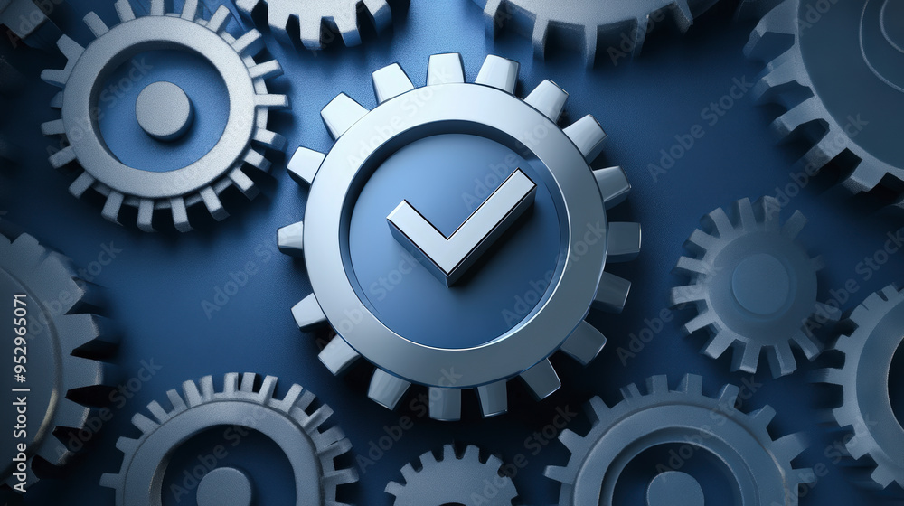 Poster a series of interconnected gears with a prominent gear displaying a checkmark, symbolizing precision