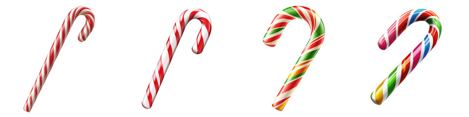Fototapeta premium Colorful candy canes isolated on white background, perfect for Christmas holiday decorations and festive settings.