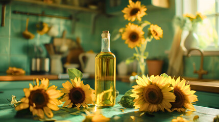 Sunflower oil, an organic ingredient in vegetarian cooking, is a natural plant based product, with yellow flowers in agriculture, offering fresh and healthy food options for a diet