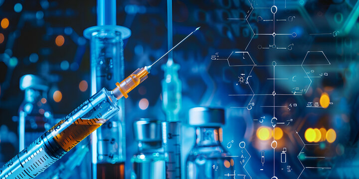 Syringe and Vials with Chemical Structure Overlay" | "Medical Injection Concept with Molecular Chemistry