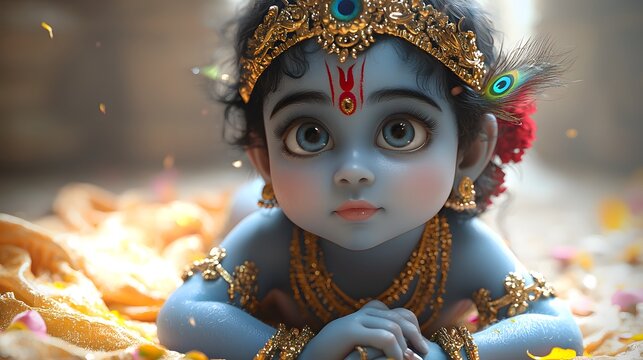 Adorable Baby Krishna with Peacock Feather and Gold Jewelry