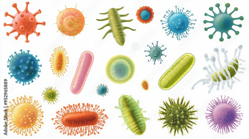 Poster various colorful microscopic representations of different bacteria and viruses on a white background