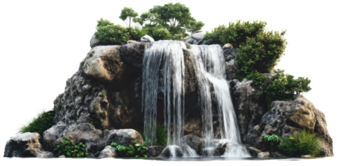 Isolated waterfall cascade with splash and drop, stream flowing beautifully over rocks in forest nature, water in background landscape design, fall in outdoor mountain environment, pure and fresh