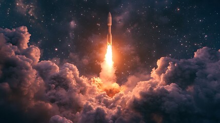 Fototapeta premium Rocket Launch Through Clouds Against a Starry Night Sky