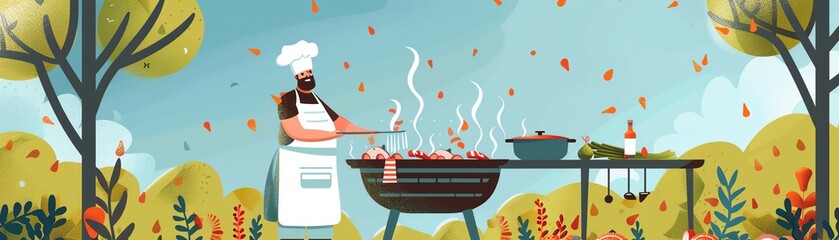 Barbecue grilling, chef cooking meat and veggies, flat design illustration