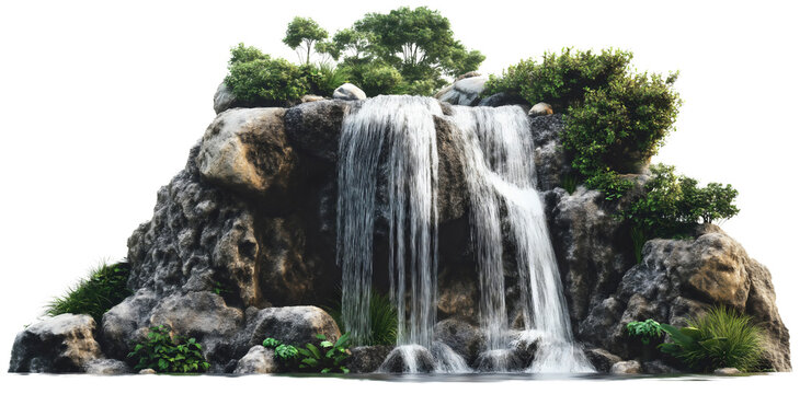 Isolated waterfall cascade with splash and drop, stream flowing beautifully over rocks in forest nature, water in background landscape design, fall in outdoor mountain environment, pure and fresh