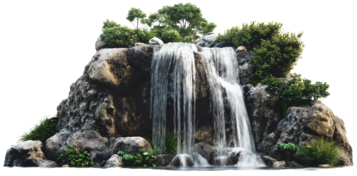 Isolated waterfall cascade with splash and drop, stream flowing beautifully over rocks in forest nature, water in background landscape design, fall in outdoor mountain environment, pure and fresh