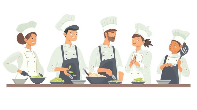 Culinary arts class, students learning to cook, flat design illustration