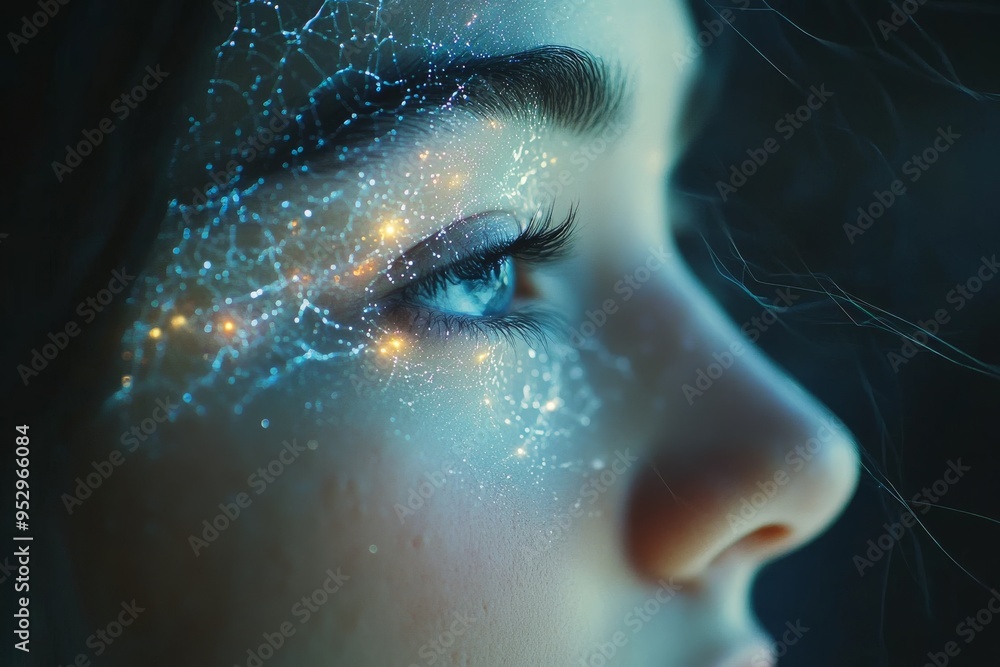 Poster close up of a female profile with digital neural patterns symbolizing cognitive focus technological 