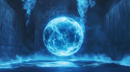 Glowing Blue Orb in a Foggy Concrete Chamber