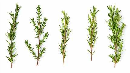 Five sprigs of fresh herbs, likely thyme and rosemary, laid out evenly against a white background. Perfect for adding flavor to dishes or garnishing.