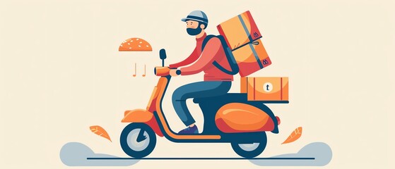 Delivery driver with scooter, carrying food packages, flat design illustration