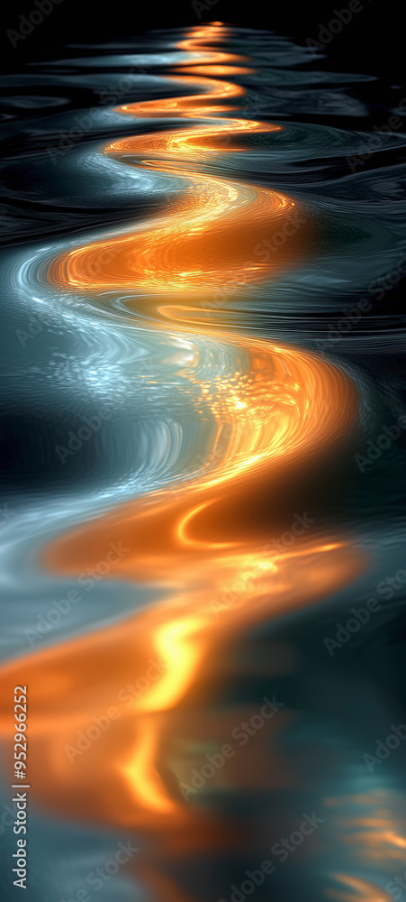 Poster a mesmerizing reflection of golden and silver light meandering across the rippling surface of the wa