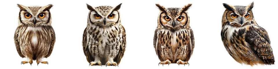 Obraz premium Four realistic owl illustrations showcasing different poses and feather patterns, perfect for nature and wildlife themes.