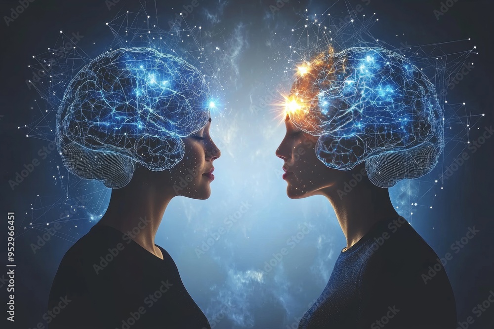 Poster two female figures with illuminated brain networks symbolizing cognitive power creative synergy and 