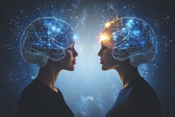 Obraz premium Two Female Figures with Illuminated Brain Networks Symbolizing Cognitive Power Creative Synergy and Emotional Connection in a Futuristic Setting