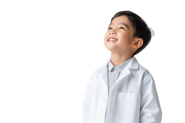 A smiling young boy wearing a white lab coat looks upwards with excitement against a plain background.