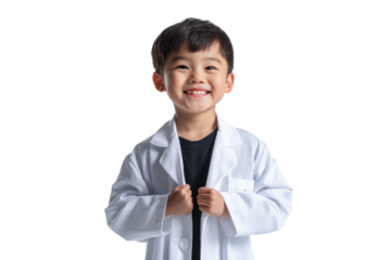 A young child, dressed in a white lab coat, smiles brightly, possibly portraying a future doctor or scientist with enthusiasm and joy.