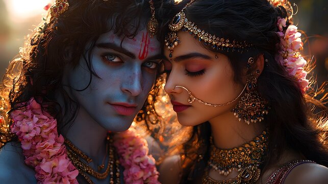 Close up Portrait of Radha Krishna in Traditional Indian Attire