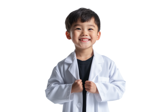 A young child, dressed in a white lab coat, smiles brightly, possibly portraying a future doctor or scientist with enthusiasm and joy.