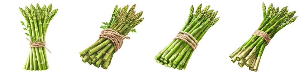 Fresh green asparagus spears bundled together on white background. Perfect for recipes, cooking, and healthy eating concepts.