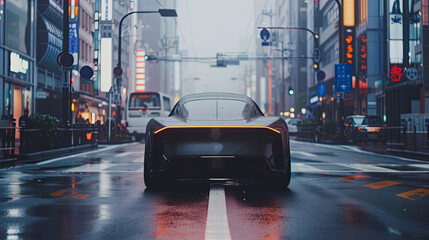 Obraz premium autonomous vehicle smoothly navigating a clean, modern city street. The composition highlights the future of urban mobility and the seamless integration of technology in everyday life