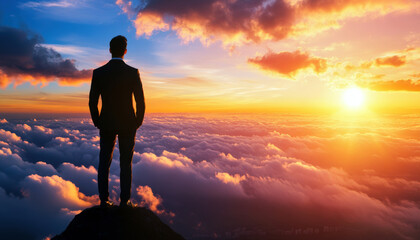 Obraz premium Standing above the clouds at sunset, a suited figure embodies ambition and contemplation, gazing into the fiery horizon, symbolizing hope, potential, and the pursuit of dreams.