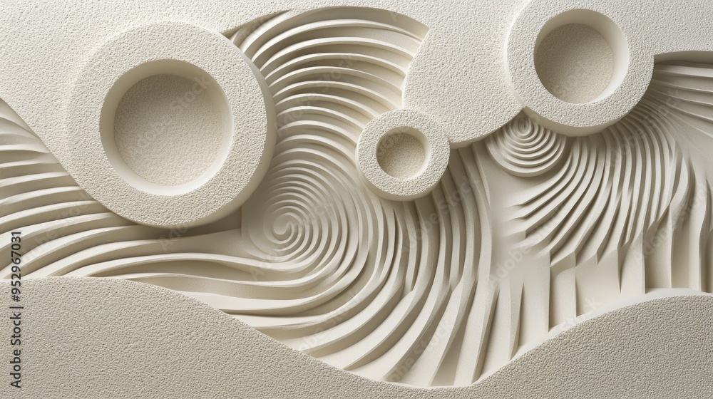 Poster abstract relief artwork featuring swirling patterns and circular forms in a neutral tone.