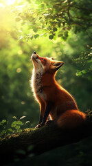 Obraz premium A stunning red fox gazes upwards amidst a lush green forest, illuminated by soft sunlight filtering through the leaves. This serene moment captures the beauty of wildlife in nature.