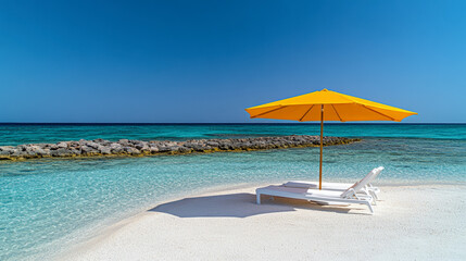 A serene beach scene with clear blue waters, white sands, two lounge chairs, and a vibrant yellow umbrella under a bright, clear sky.